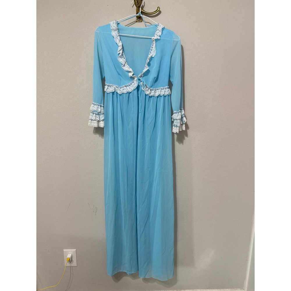 Vintage Peignoir Robe Women Medium Blue Lace Trim Ruffle Sheer Peignoir Full